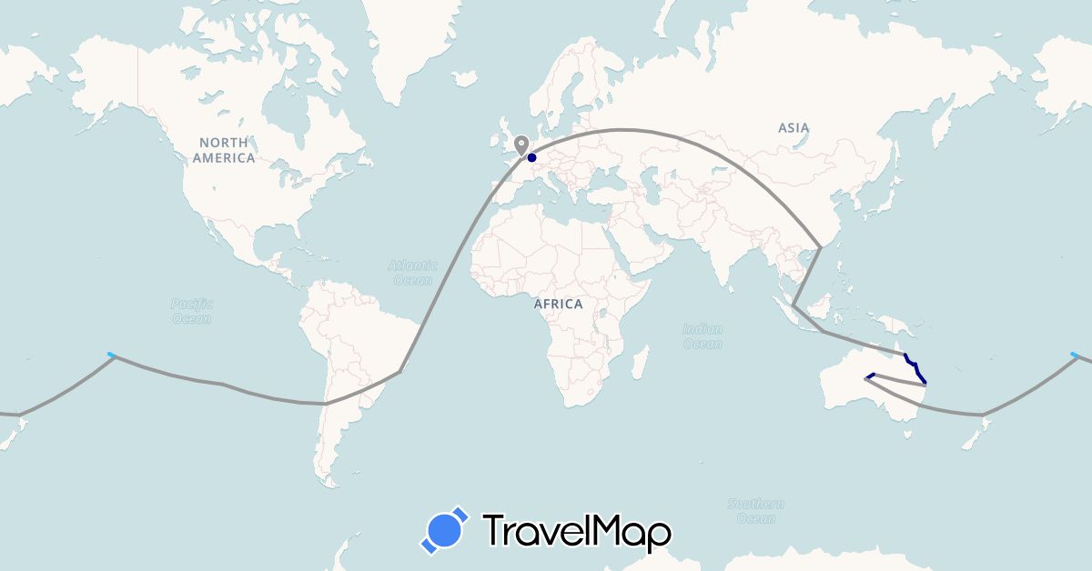 TravelMap itinerary: driving, plane, boat in Australia, Brazil, Chile, France, Hong Kong, Indonesia, Luxembourg, New Zealand, French Polynesia, Portugal, Singapore (Asia, Europe, Oceania, South America)